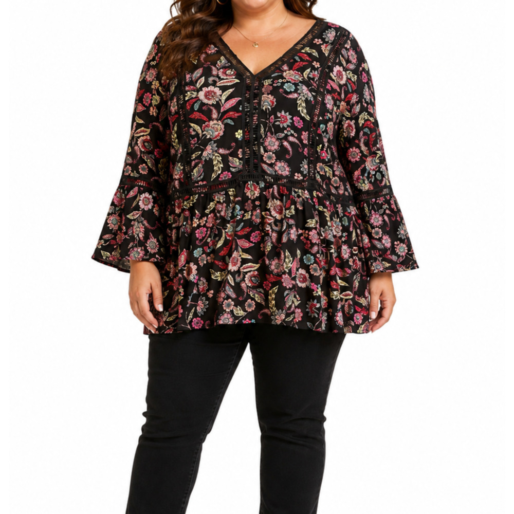 Avenue Top Womens Plus Size 5X Black Floral Boho Tunic Bell Sleeve Peasant NWT